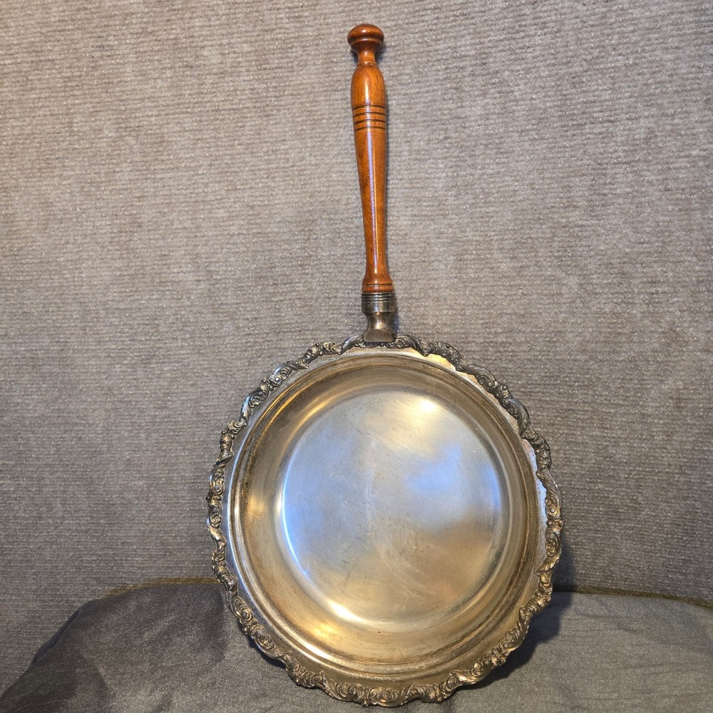 Antique Silver Plated Serving Dish Warming Pan Wooden Handle Ornate Edge‎ NO LID
